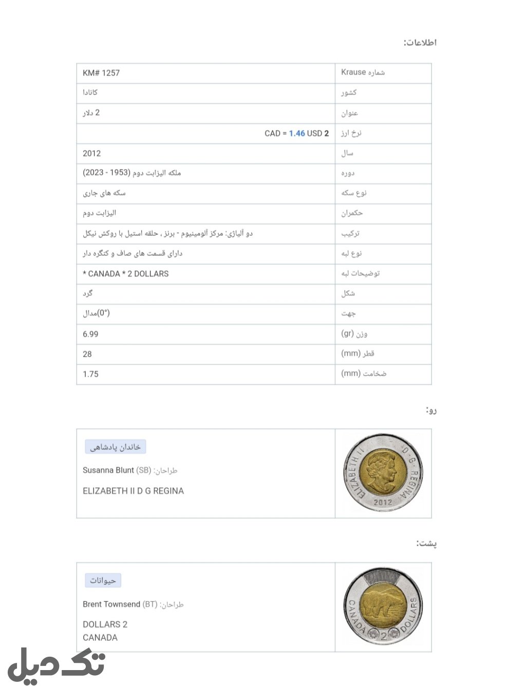سکه کمیاب دودلاری کانادا ۲۰۱۲